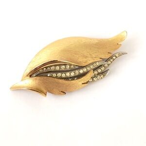 Vintage Gold Tone And Silver Tone Leaf Brooch With Rhinestones